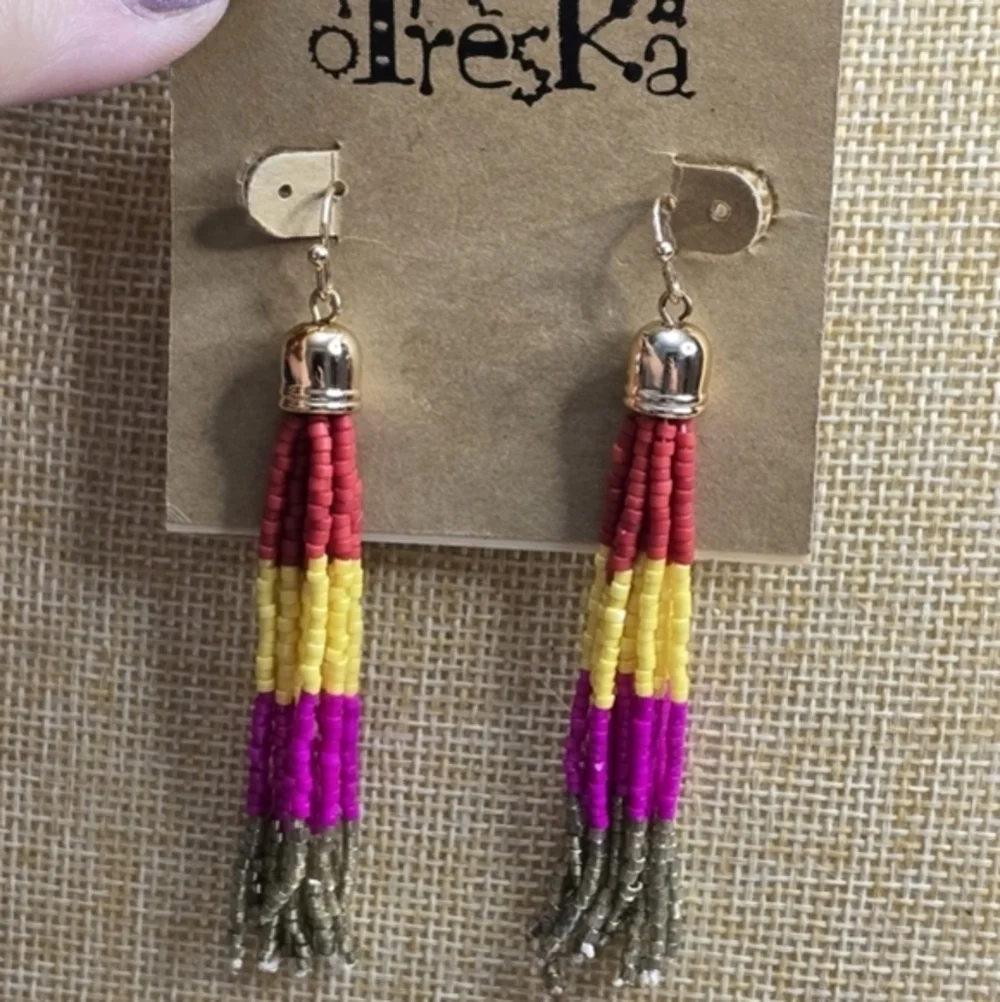 Treska Beaded Tassel Earrings‎ Red Yellow Pink Silver Fringe Drop Boho Statement